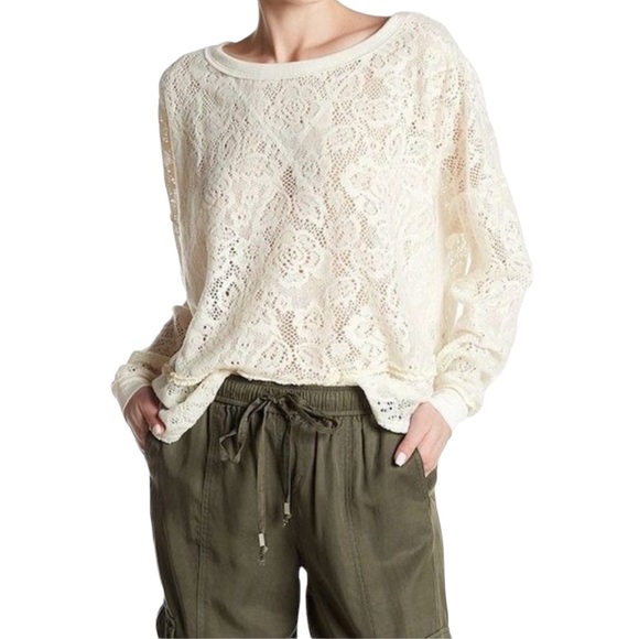 FREE PEOPLE Not Cold In This Sheer Lace Fuzzy Floral Long Sleeve Knit Top, Ivory - Picture 4 of 4
